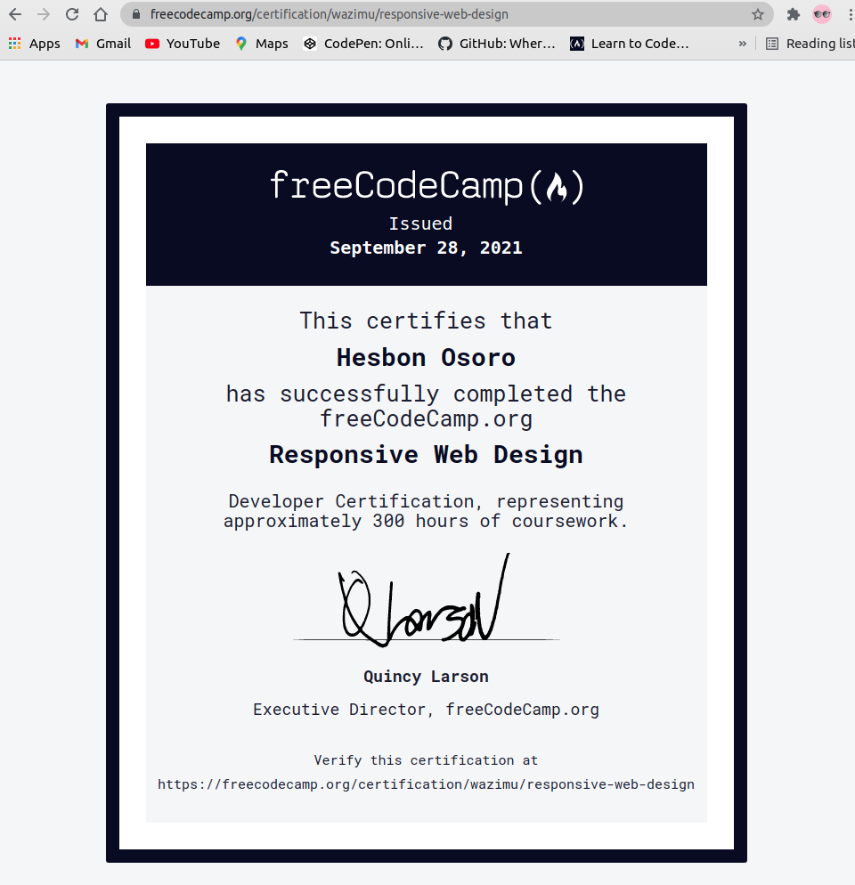 freeCodeCamp RWD certification certificate